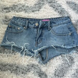 Edikted Blue Distressed Denim Shorts, Low Rise